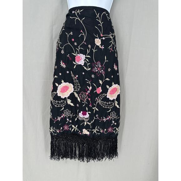 90s Vintage Skirt Women 2 Black Midi Floral Pink Embroidered Fringe Cottage Boho - Picture 1 of 6